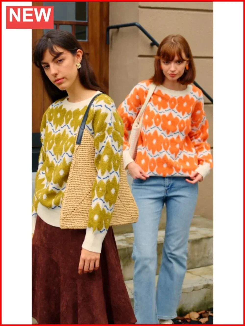 Oversized Floral Knit Pullover Sweater Crewneck Long Sleeve Women's